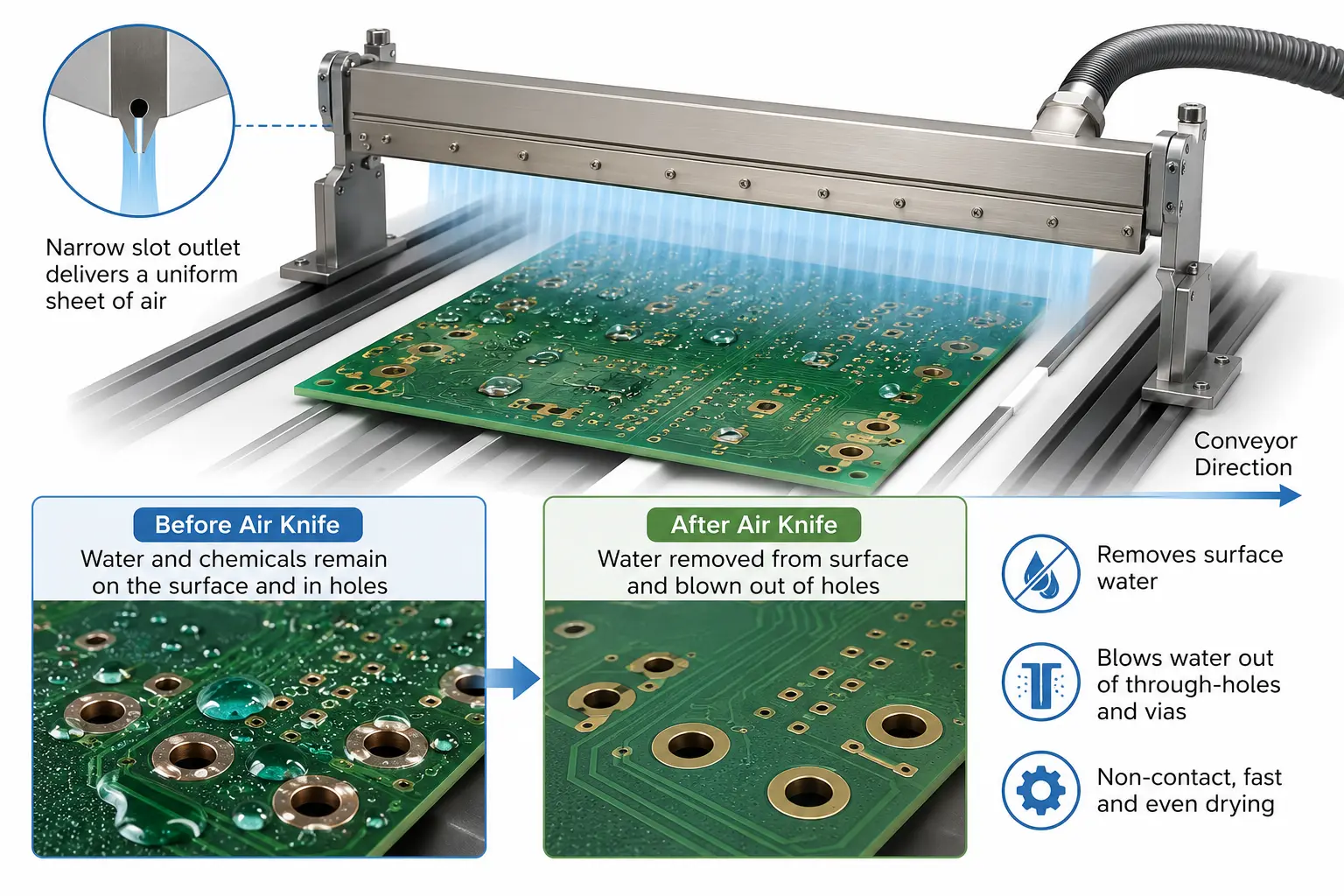 Air Knife for PCB Cleaning: How It Removes Water Without Contact