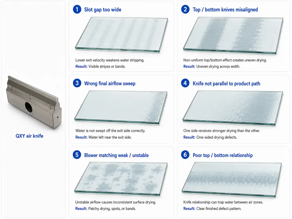 What Causes Water Spots After Air Knife Drying on Glass and Clear Sheets?